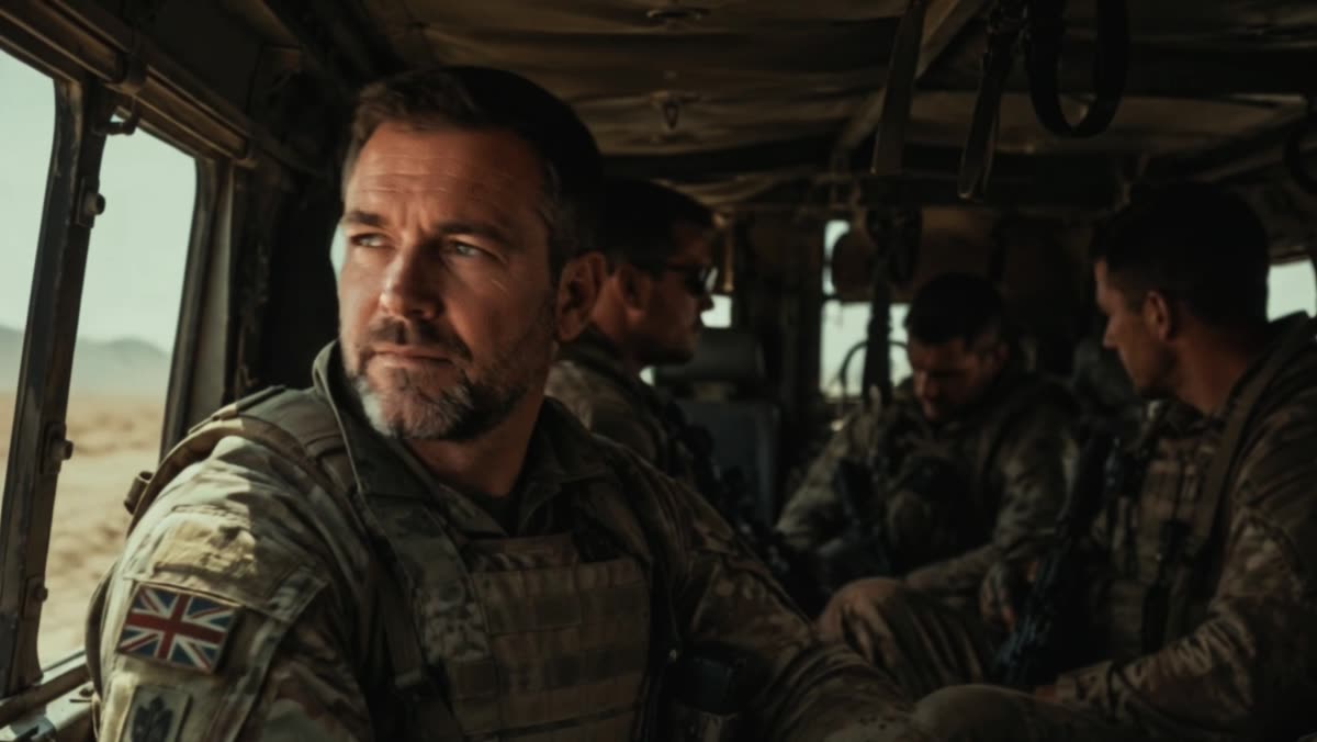 A serving soldier in a military vehicle