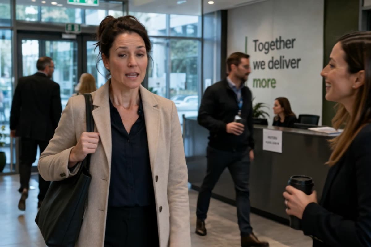 Two colleagues greeting each other in an office reception