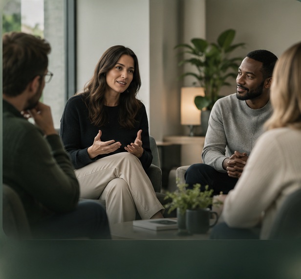 A small group in conversation, one person speaking while the others listen