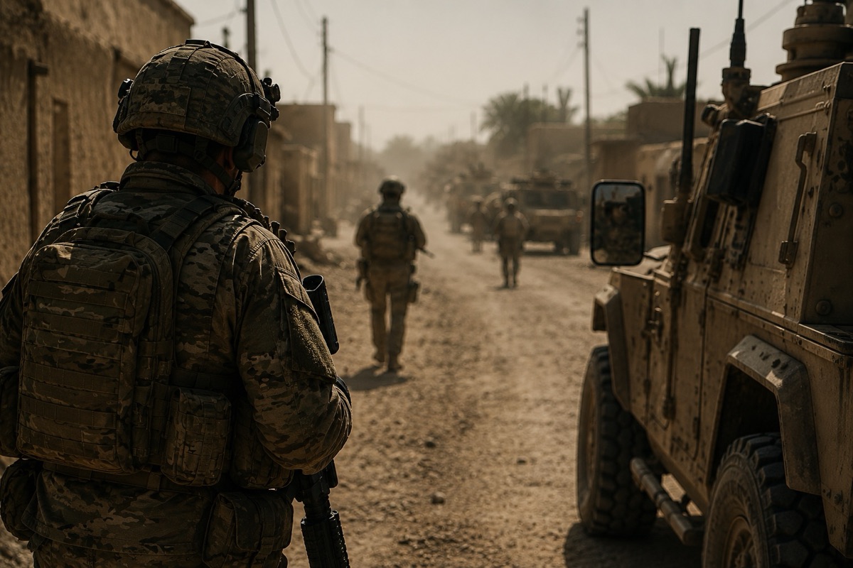 British soldiers on patrol in a dusty street, armoured vehicle alongside