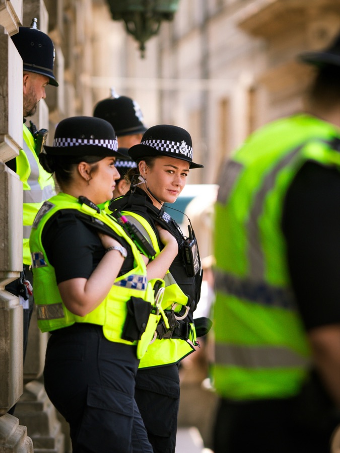 Police officers on duty in a street