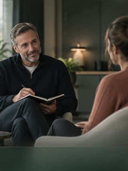 A coaching conversation, one person listening and taking notes